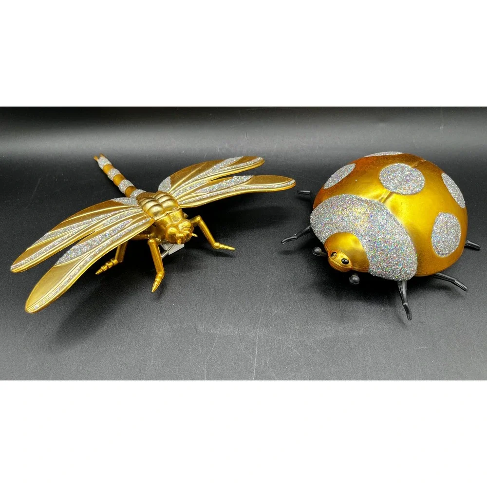 Gold Glitter Insect Ornament Set Dragonfly Ladybug Clip Holiday Decor 2pc Taiwan